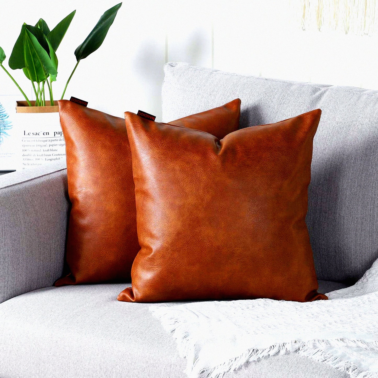 Luxury Leather Decorative Pillow Covers - Modern Solid Outdoor Cushion Cases for Couch Sofa Bed - Set of 2 - 20x20 Inches - Brown - Luxury Pillowcases