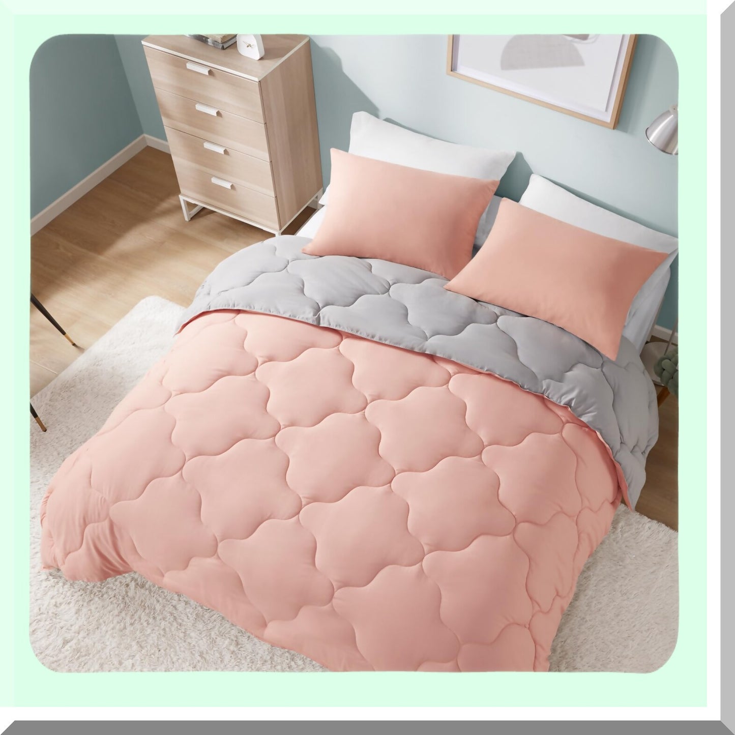 Vibrant GeoQuilt Comforter Set - Lightweight All Season Down Alternative Bedding - Trendy Coral/Gray Reversible Design - Full/Queen 3 Piece Set