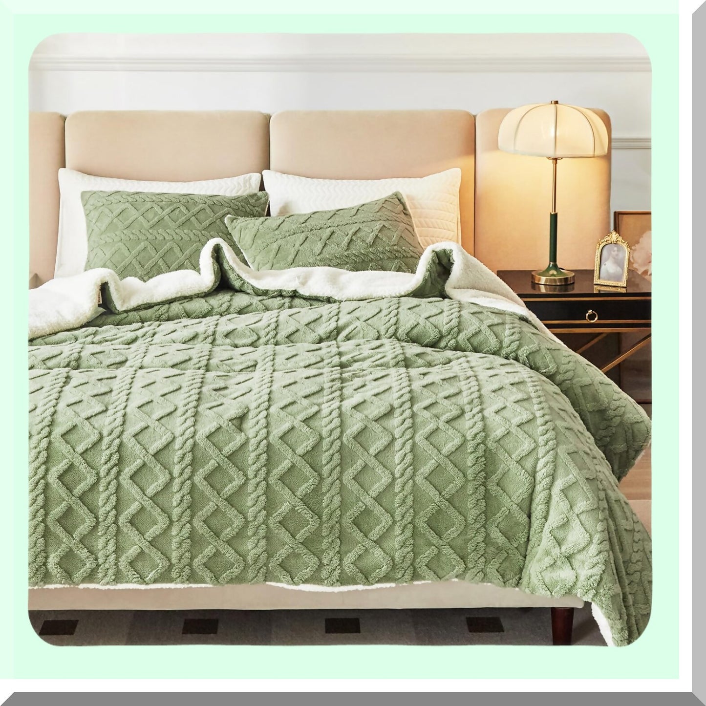 Luxury Sherpa Green Comforter Set - Queen Size Tufted Bedding - Ultra Soft Plush Warm Bed Set - 3-Piece Fluffy Cold Weather Comforter - 88x88 inches