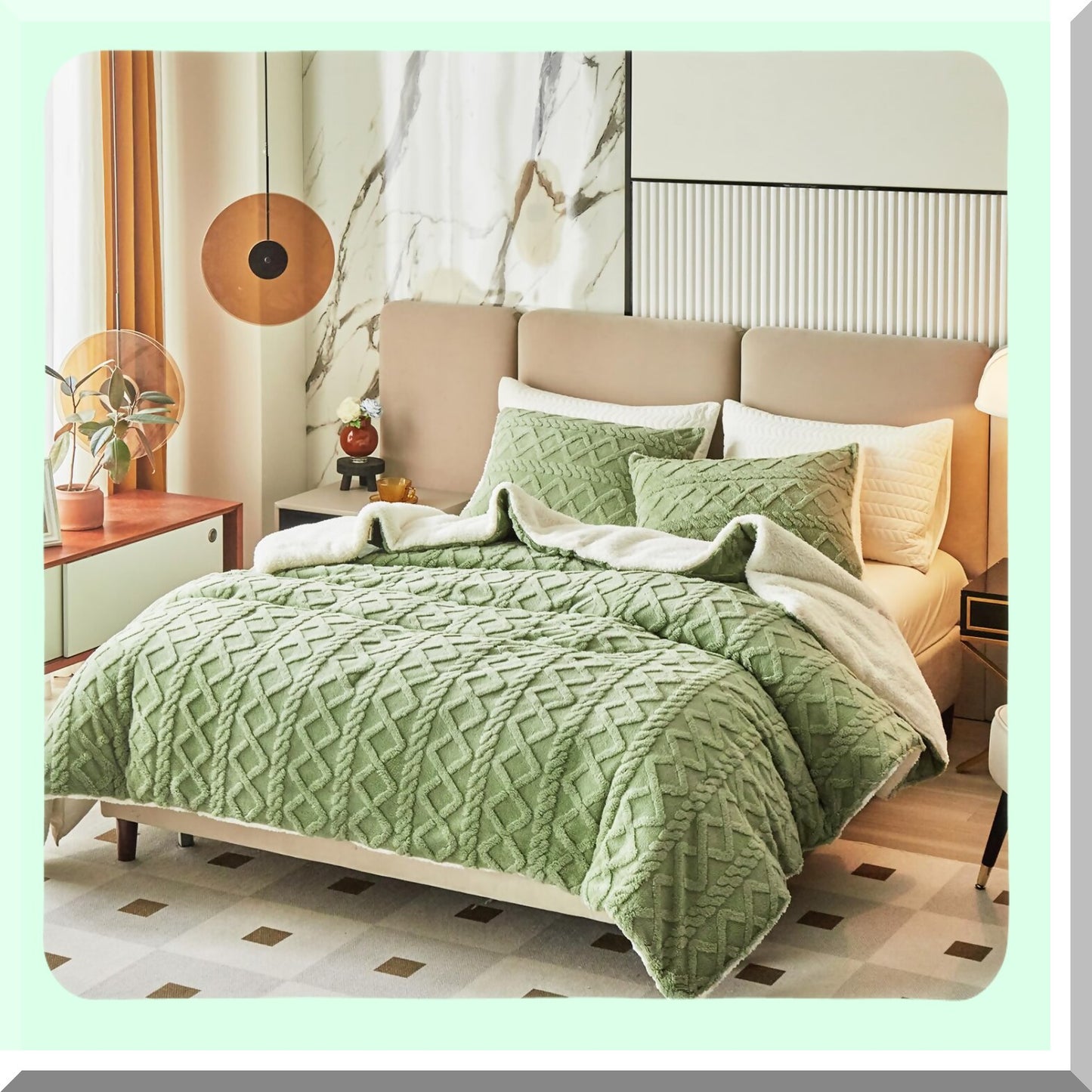 Luxury Sherpa Green Comforter Set - Queen Size Tufted Bedding - Ultra Soft Plush Warm Bed Set - 3-Piece Fluffy Cold Weather Comforter - 88x88 inches