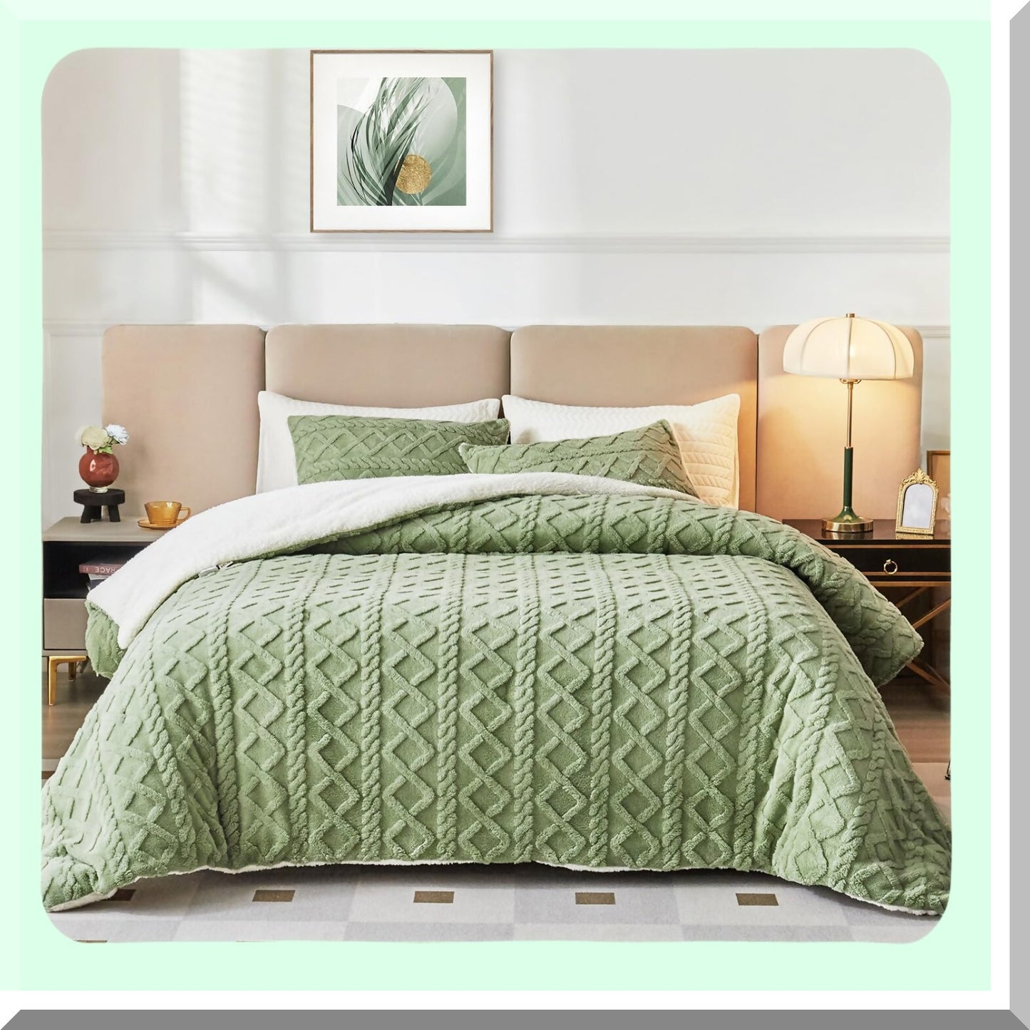 Luxury Sherpa Green Comforter Set - Queen Size Tufted Bedding - Ultra Soft Plush Warm Bed Set - 3-Piece Fluffy Cold Weather Comforter - 88x88 inches