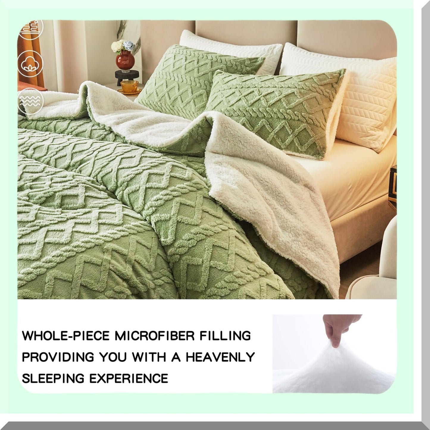 Luxury Sherpa Green Comforter Set - Queen Size Tufted Bedding - Ultra Soft Plush Warm Bed Set - 3-Piece Fluffy Cold Weather Comforter - 88x88 inches