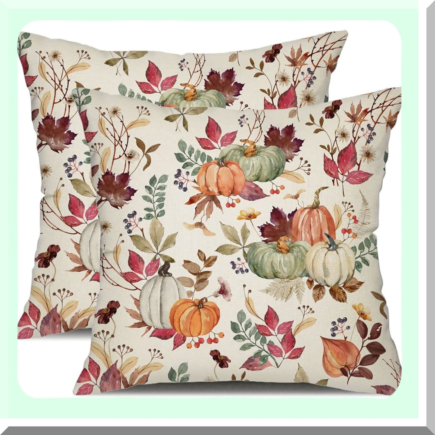 Autumn Harvest Pillow Covers - Set of 2 18x18 inch Decorative Throw Pillow Covers with Pumpkin, Maple Leaf, and Flower Designs for Fall Farmhouse Decor