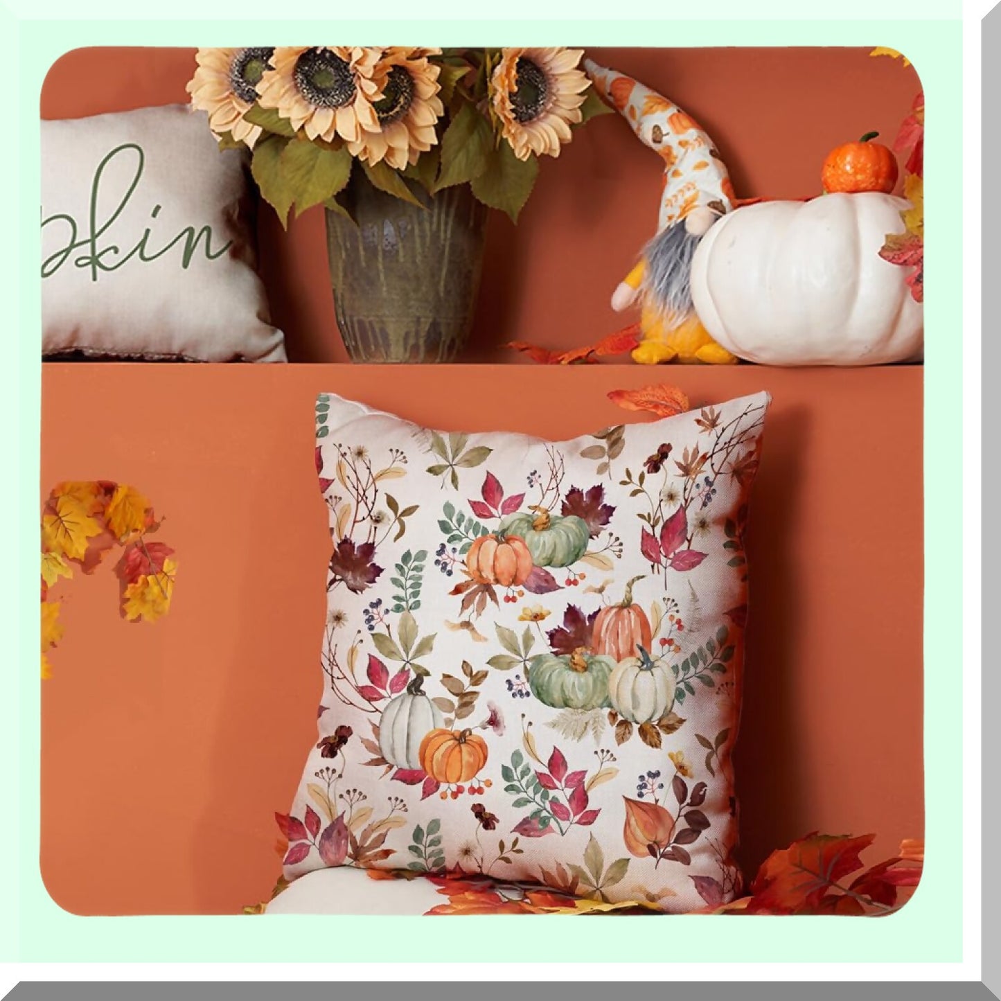 Autumn Harvest Pillow Covers - Set of 2 18x18 inch Decorative Throw Pillow Covers with Pumpkin, Maple Leaf, and Flower Designs for Fall Farmhouse Decor