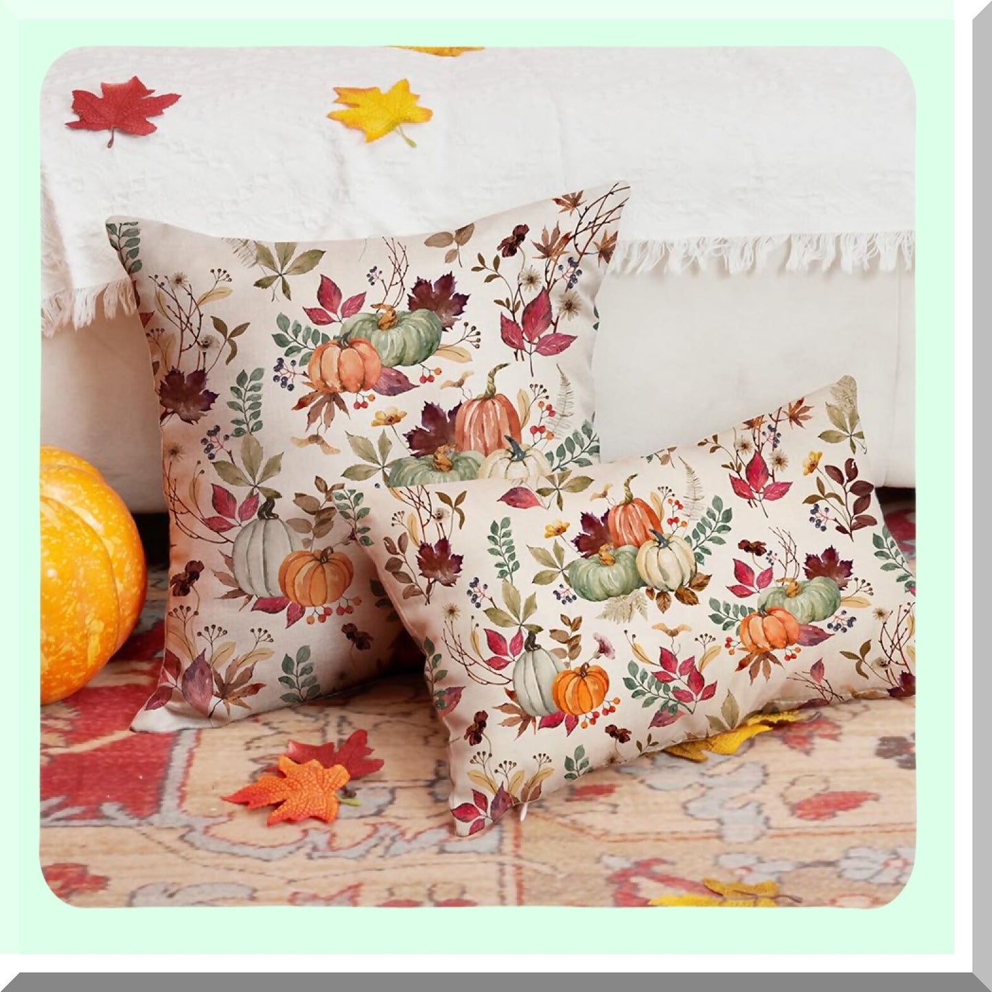 Autumn Harvest Pillow Covers - Set of 2 18x18 inch Decorative Throw Pillow Covers with Pumpkin, Maple Leaf, and Flower Designs for Fall Farmhouse Decor