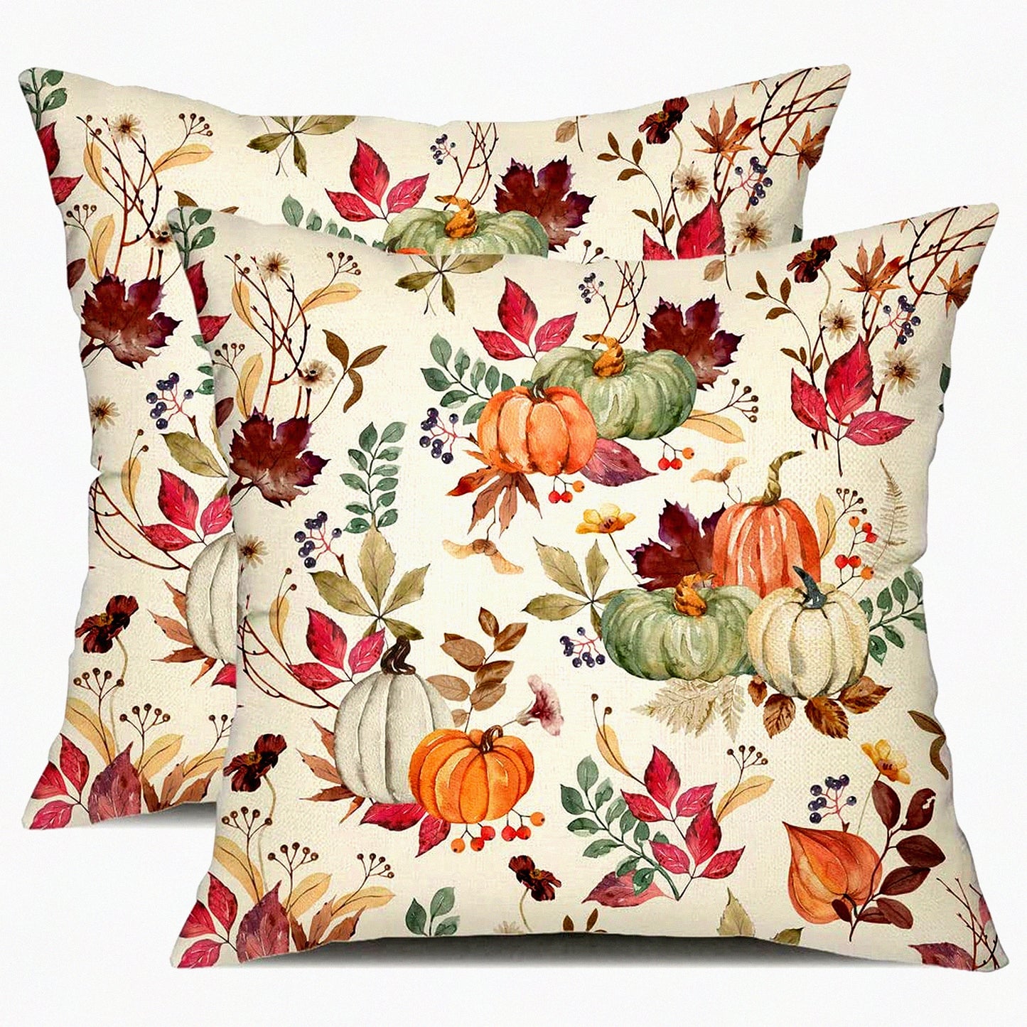 Autumn Harvest Pillow Covers - Set of 2 18x18 inch Decorative Throw Pillow Covers with Pumpkin, Maple Leaf, and Flower Designs for Fall Farmhouse Decor