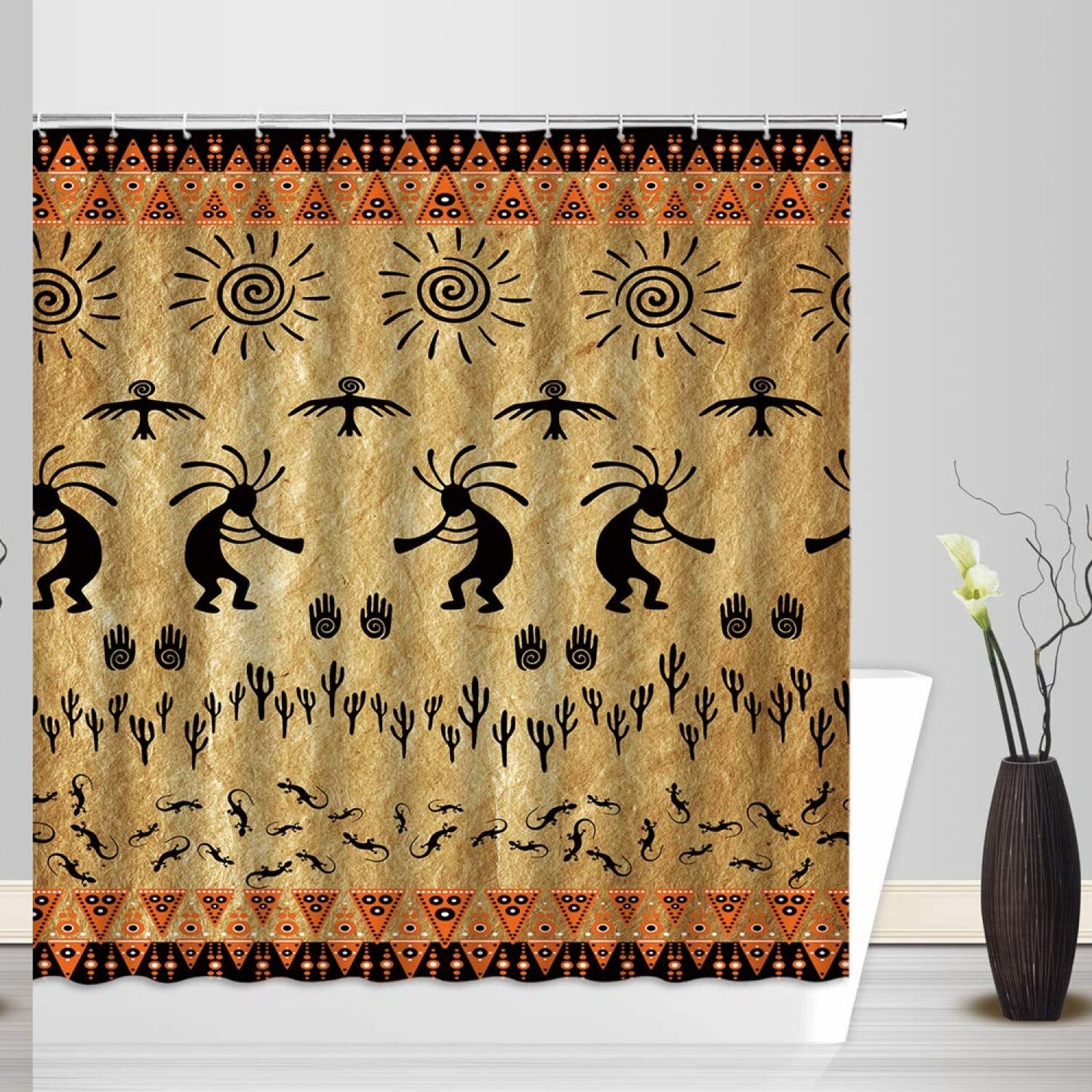 Southwestern Kokopelli Black Brown Navajo Ethnic Shower Curtain