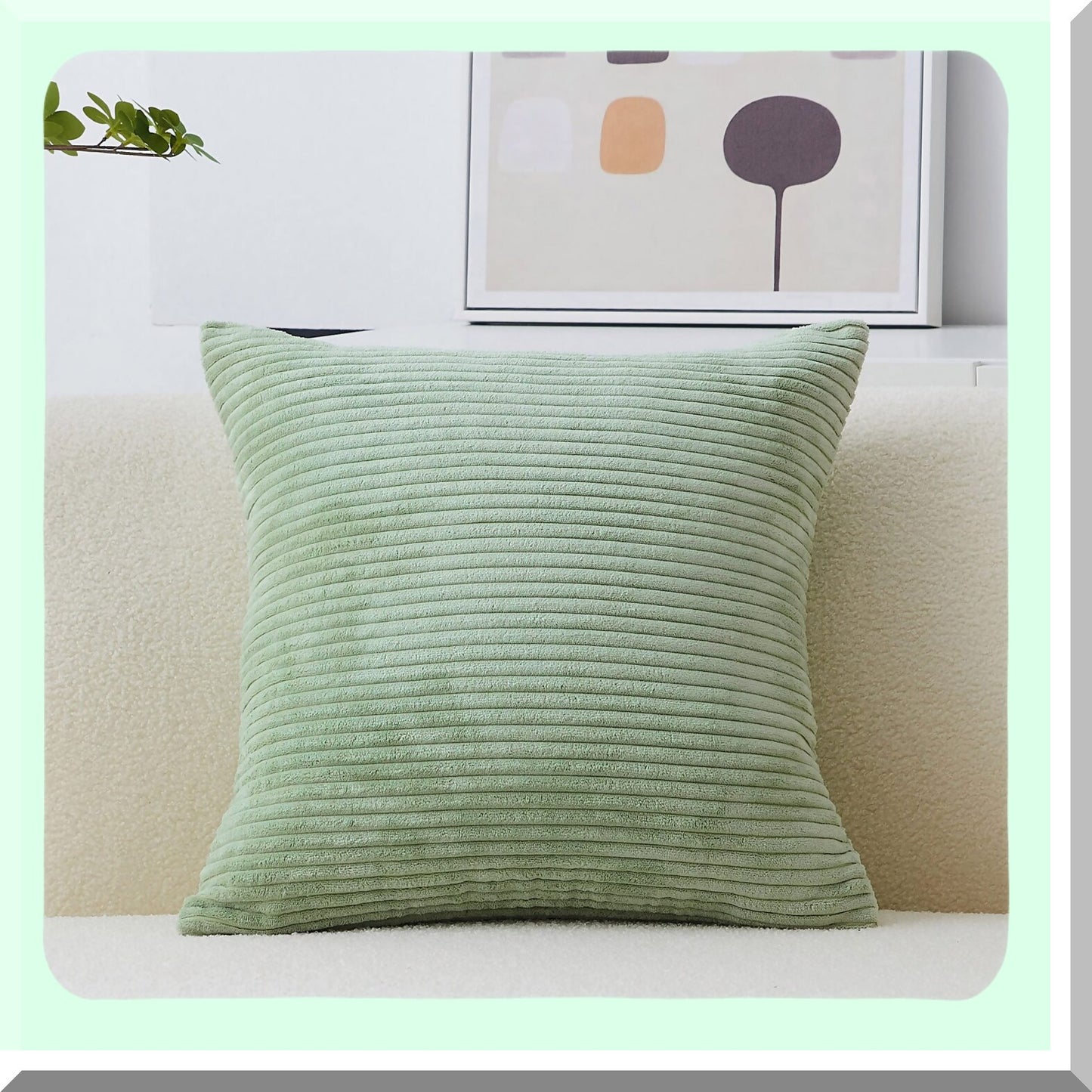 Sage Green Striped Corduroy Throw Pillow Covers - Spring Sofa Pillows 18x18 - Living Room Decorative Cushion Cases - 18 x 18 Inches