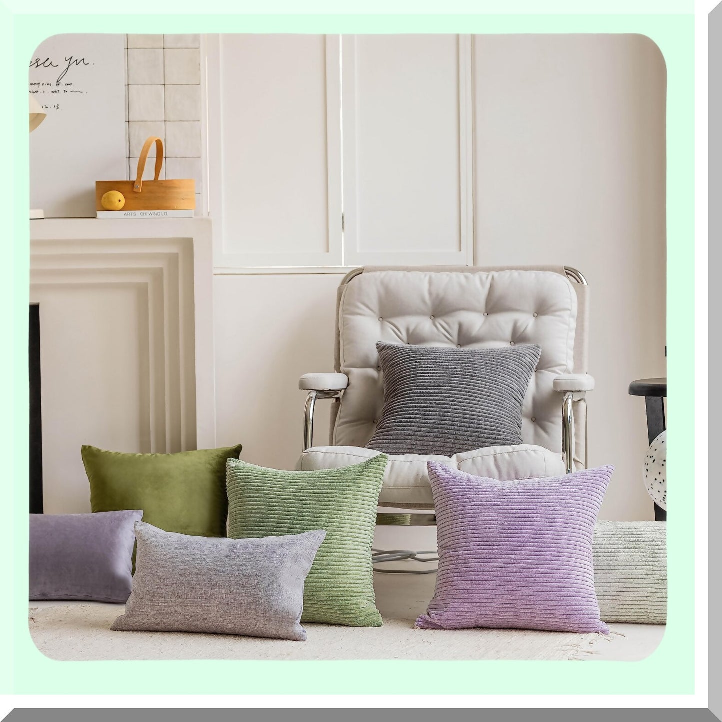 Sage Green Striped Corduroy Throw Pillow Covers - Spring Sofa Pillows 18x18 - Living Room Decorative Cushion Cases - 18 x 18 Inches