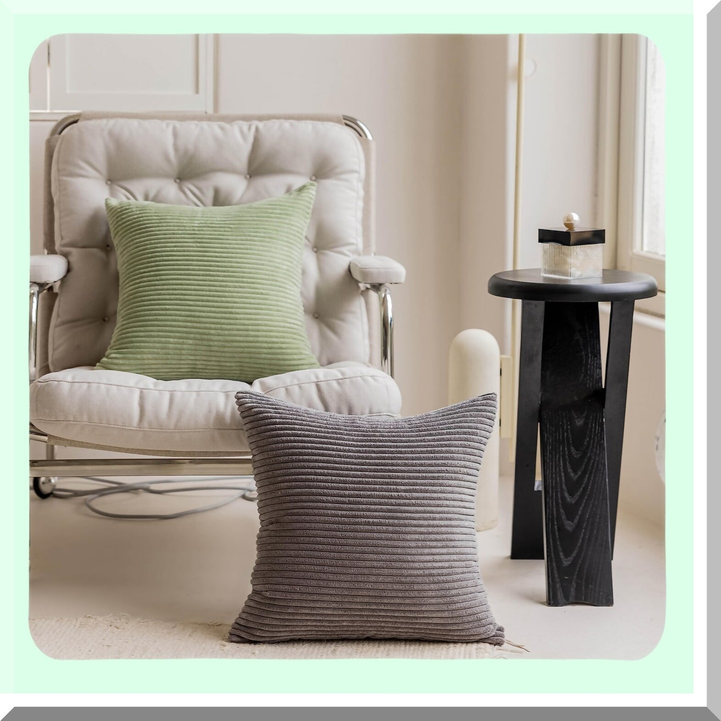 Sage Green Striped Corduroy Throw Pillow Covers - Spring Sofa Pillows 18x18 - Living Room Decorative Cushion Cases - 18 x 18 Inches