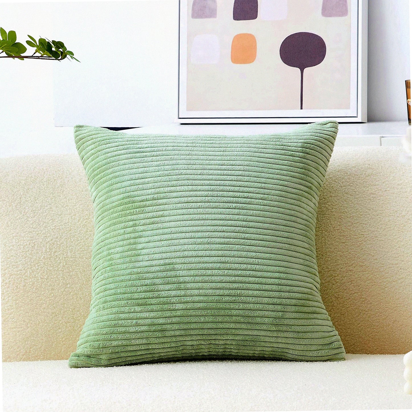 Sage Green Striped Corduroy Throw Pillow Covers - Spring Sofa Pillows 18x18 - Living Room Decorative Cushion Cases - 18 x 18 Inches