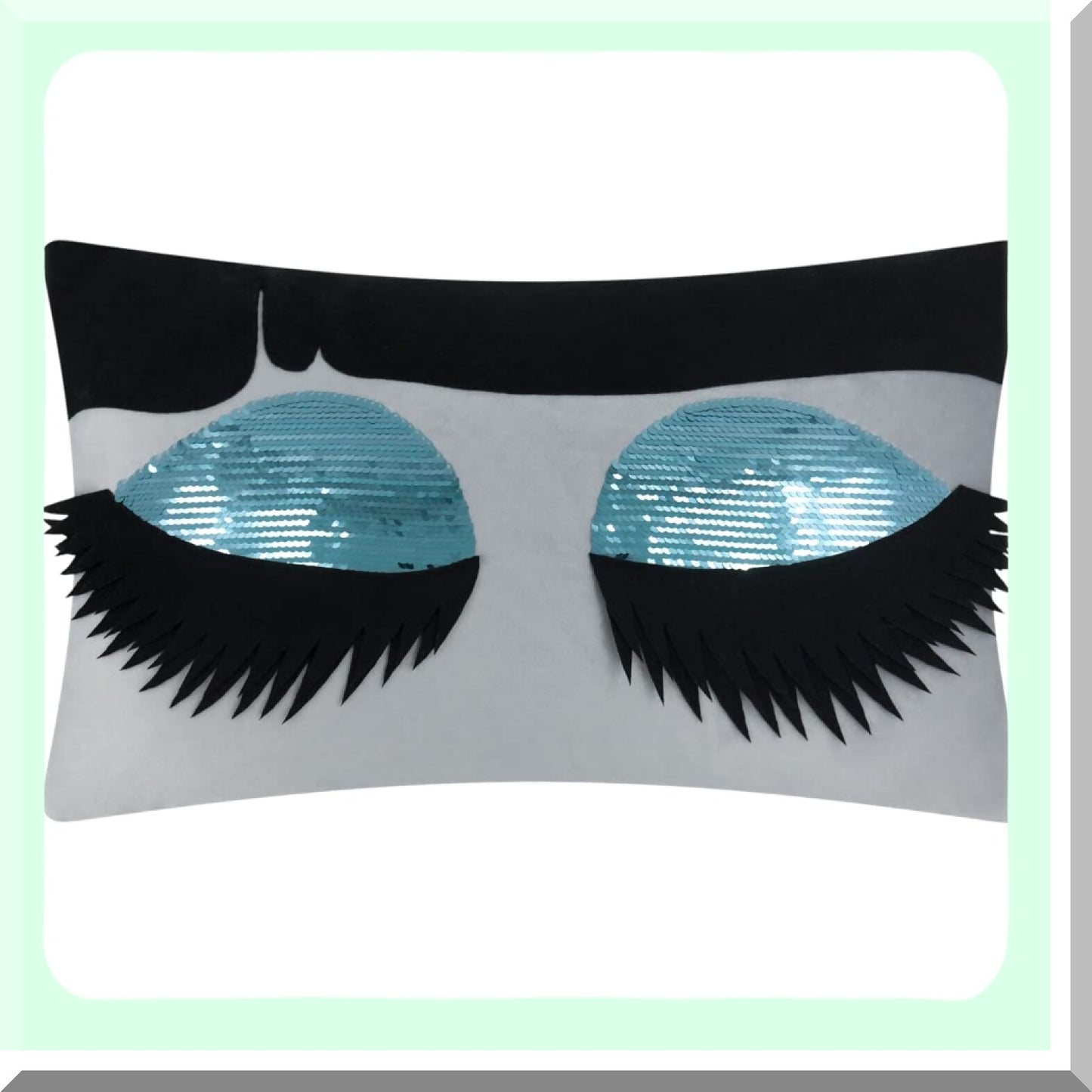 Sequin Lashes Decorative Pillow Cover - 3D Long Eyelashes Rectangle Cushion Case for Girls Bed & Living Room - Blue Accents - 12 x 20 Inches