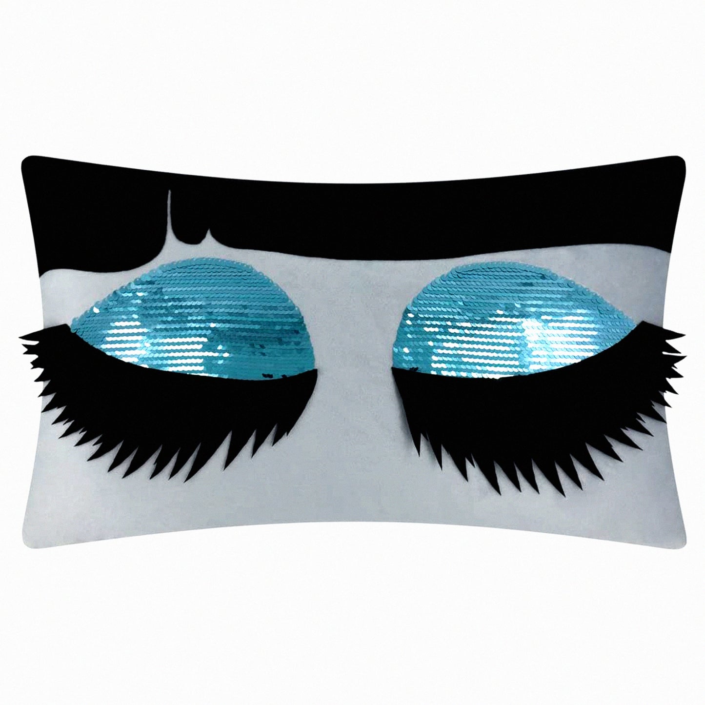 Sequin Lashes Decorative Pillow Cover - 3D Long Eyelashes Rectangle Cushion Case for Girls Bed & Living Room - Blue Accents - 12 x 20 Inches