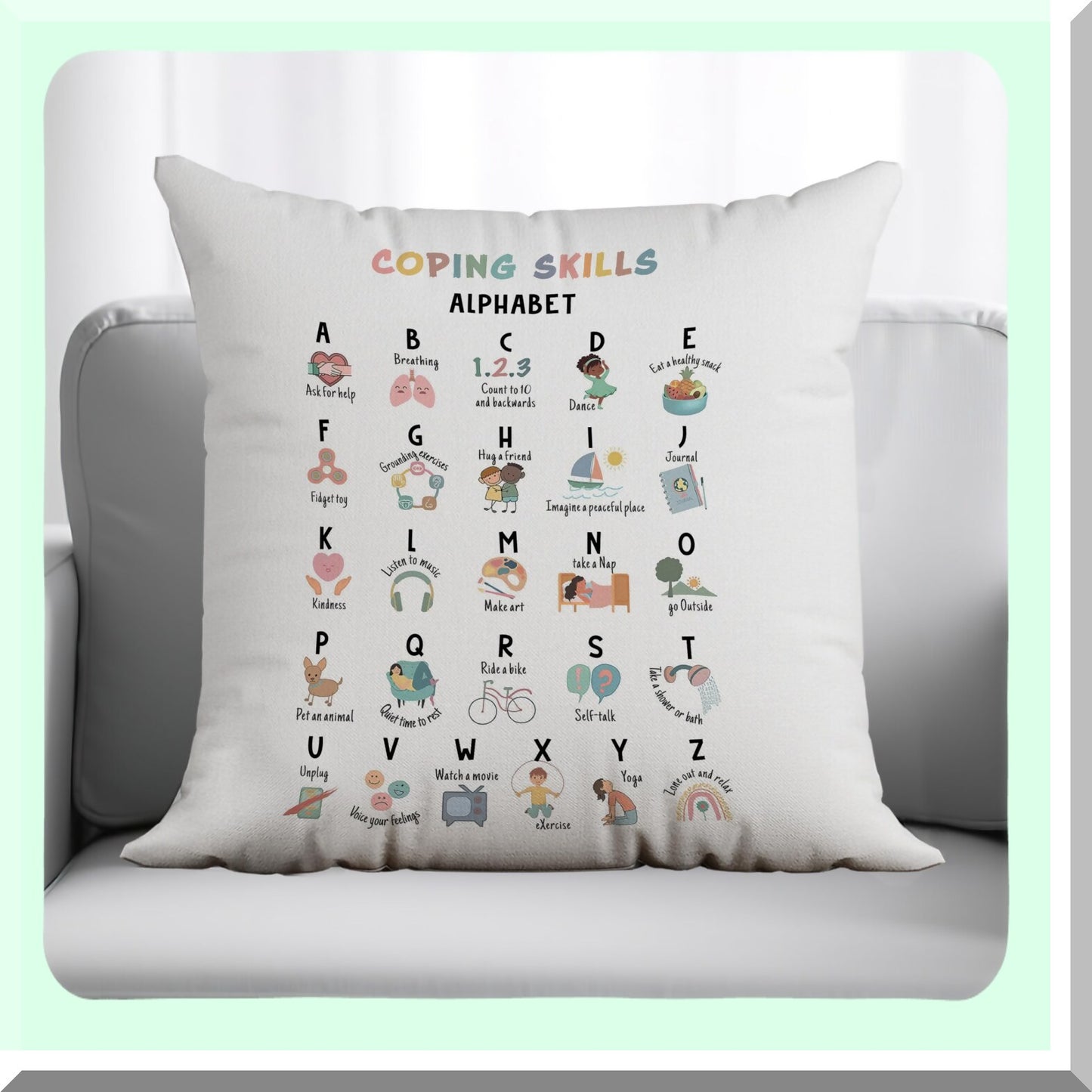 CalmMind Therapy Pillow Covers - Mental Health Decor for Counseling Office & Clroom, 18x18 ABC Coping Skills Design, Awareness Gifts