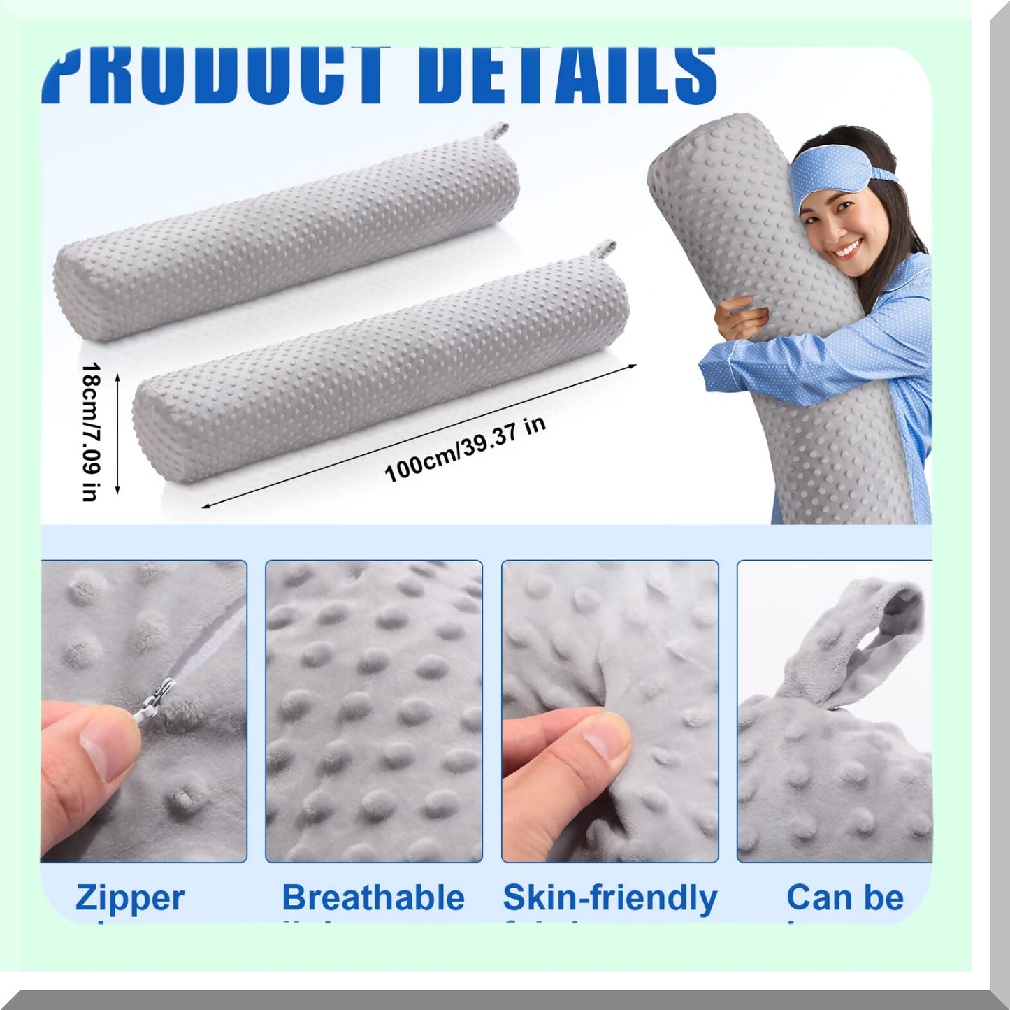 OrthoSupport Cervical Roll Pillow Set - 2 Pack Long Bolster Pillows for Neck and Spine Relief. Soft Cylinder Body Pillow with Washable Cover. Ideal for Bed, Neck, and Leg Support. Gray Color.