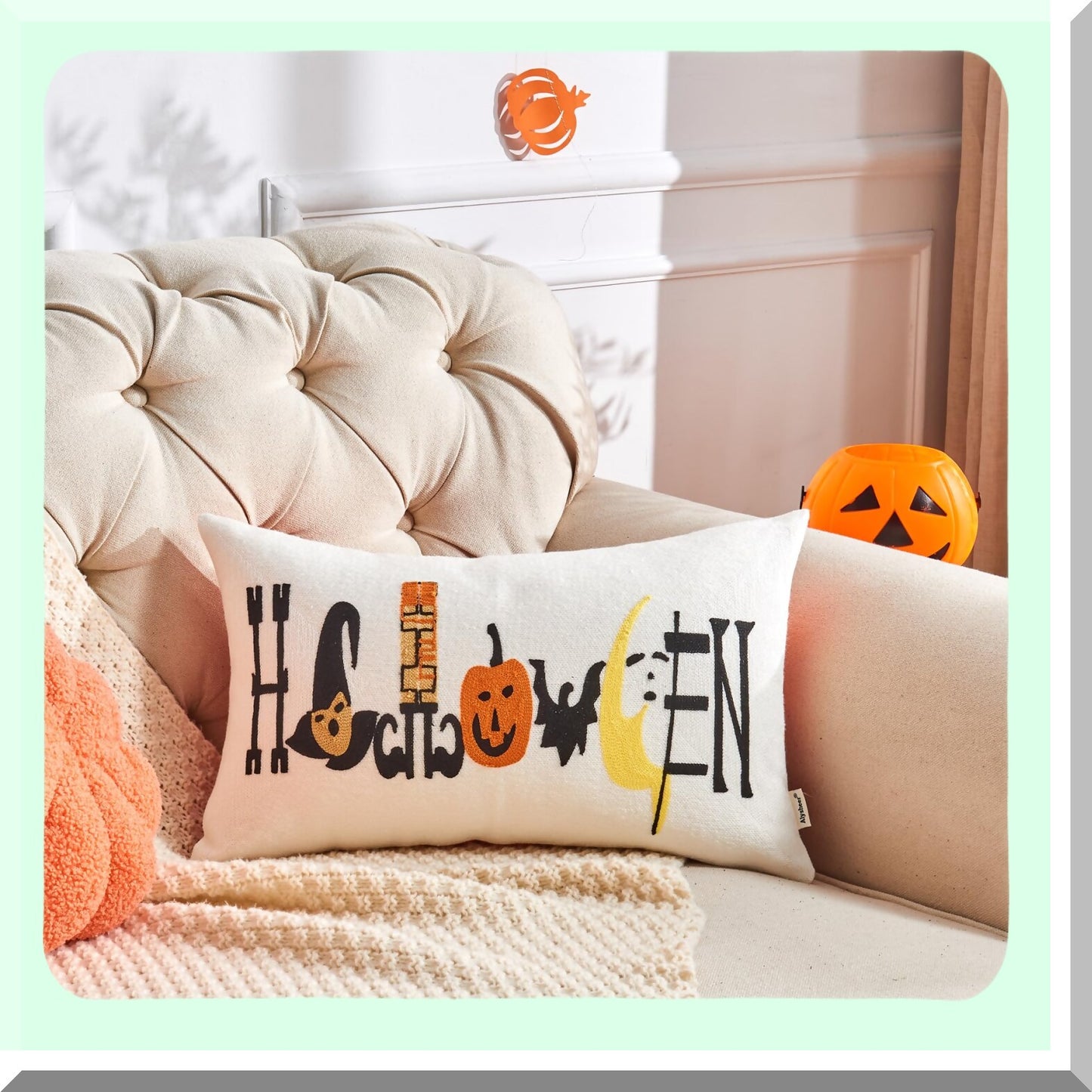 Fall Harvest Embroidered Lumbar Pillow Cover - Farmhouse Chic Decorative Cushion Case for Sofa Couch - Cottage Embroidery Pattern - 100% Cotton Canvas - 12"x20"
