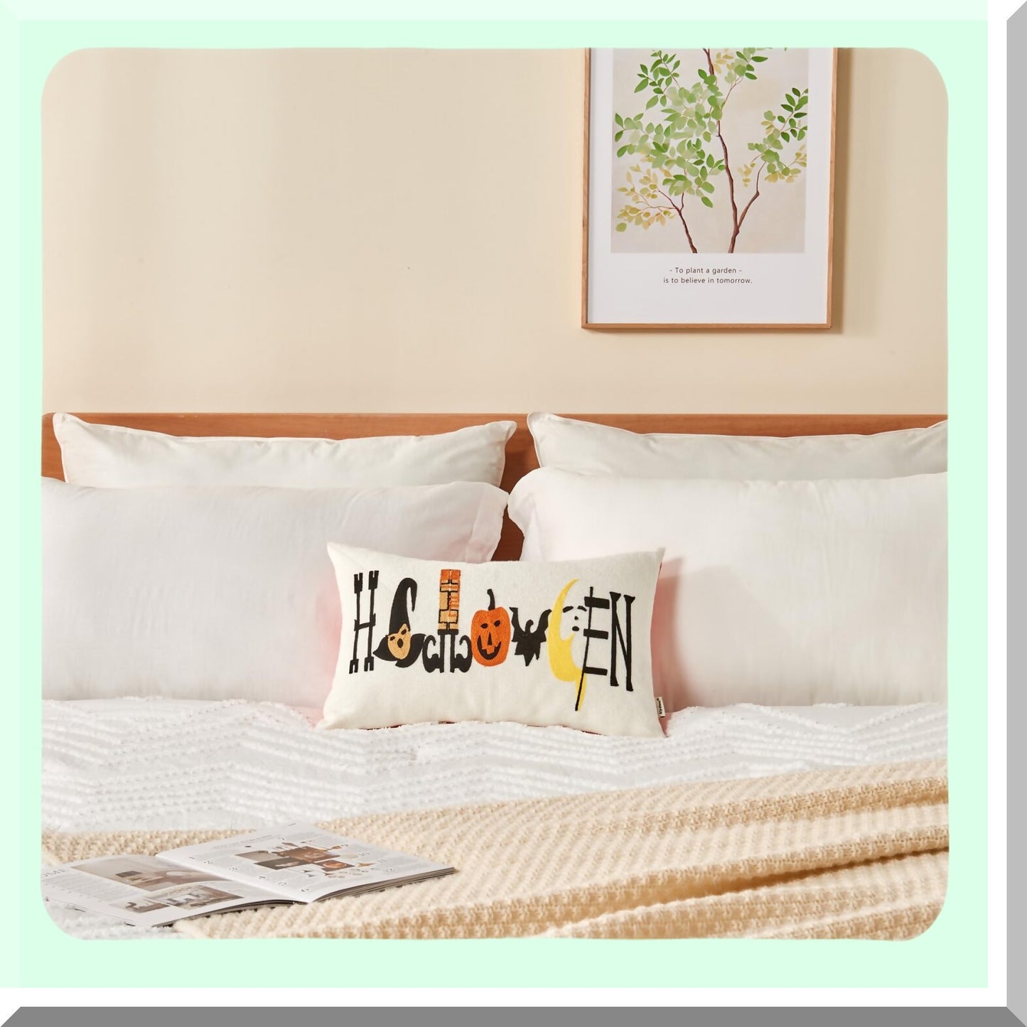 Fall Harvest Embroidered Lumbar Pillow Cover - Farmhouse Chic Decorative Cushion Case for Sofa Couch - Cottage Embroidery Pattern - 100% Cotton Canvas - 12"x20"