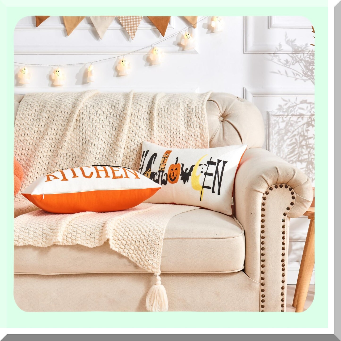 Fall Harvest Embroidered Lumbar Pillow Cover - Farmhouse Chic Decorative Cushion Case for Sofa Couch - Cottage Embroidery Pattern - 100% Cotton Canvas - 12"x20"