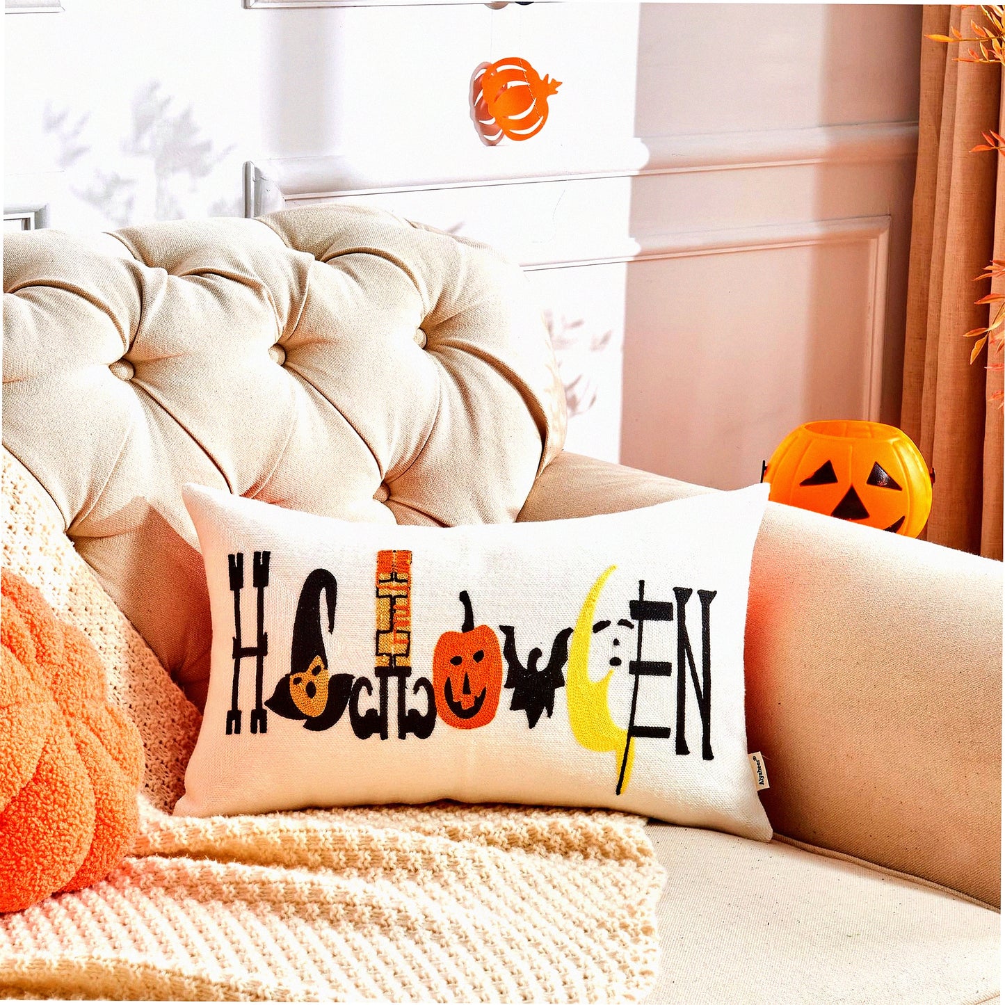 Fall Harvest Embroidered Lumbar Pillow Cover - Farmhouse Chic Decorative Cushion Case for Sofa Couch - Cottage Embroidery Pattern - 100% Cotton Canvas - 12"x20"