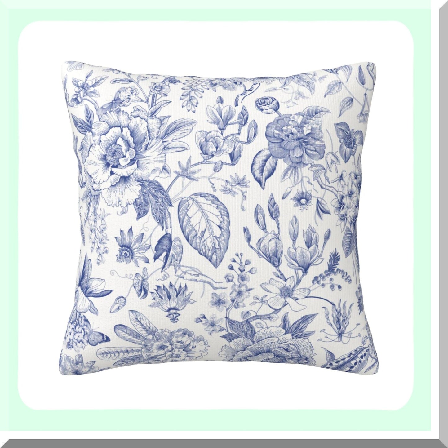 Blue White Floral Country Pillowcase - Decorative Square Cushion Cover for Couch/Bed/Car - 18x18 Inch Throw Pillow Cover