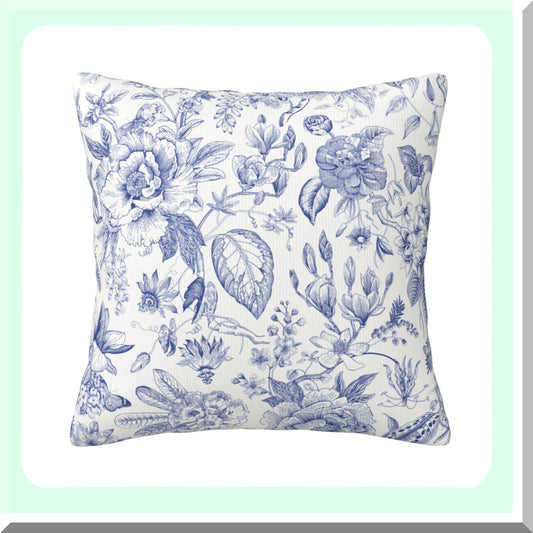 Blue White Floral Country Pillowcase - Decorative Square Cushion Cover for Couch/Bed/Car - 18x18 Inch Throw Pillow Cover