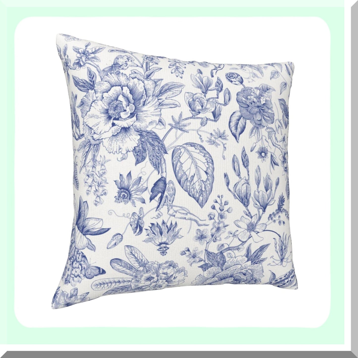 Blue White Floral Country Pillowcase - Decorative Square Cushion Cover for Couch/Bed/Car - 18x18 Inch Throw Pillow Cover