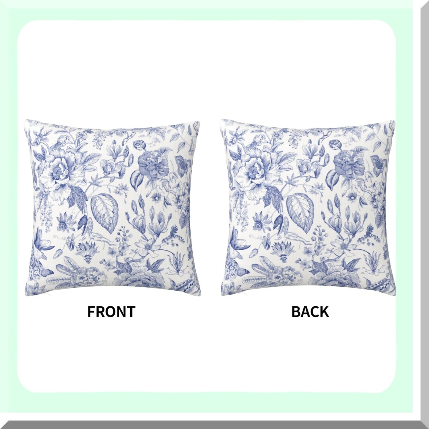 Blue White Floral Country Pillowcase - Decorative Square Cushion Cover for Couch/Bed/Car - 18x18 Inch Throw Pillow Cover