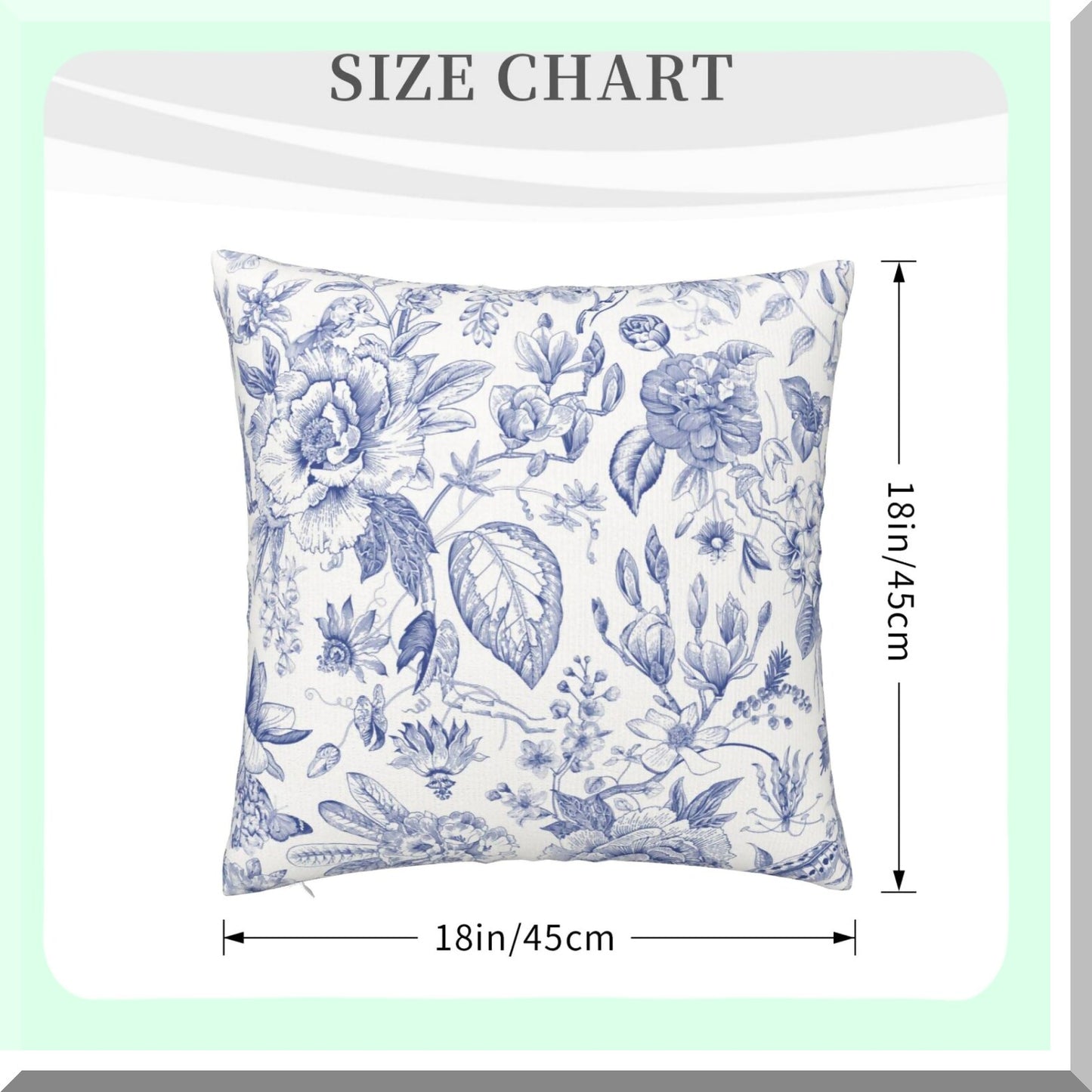 Blue White Floral Country Pillowcase - Decorative Square Cushion Cover for Couch/Bed/Car - 18x18 Inch Throw Pillow Cover