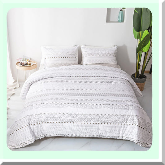 Geometric Arrow Boho Comforter Set - White Bohemian Bedding, Lightweight Soft Microfiber Down Alternative Bed Set for Size Comfort