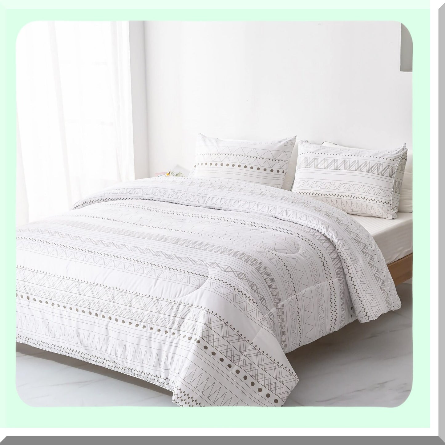 Geometric Arrow Boho Comforter Set - White Bohemian Bedding, Lightweight Soft Microfiber Down Alternative Bed Set for Size Comfort
