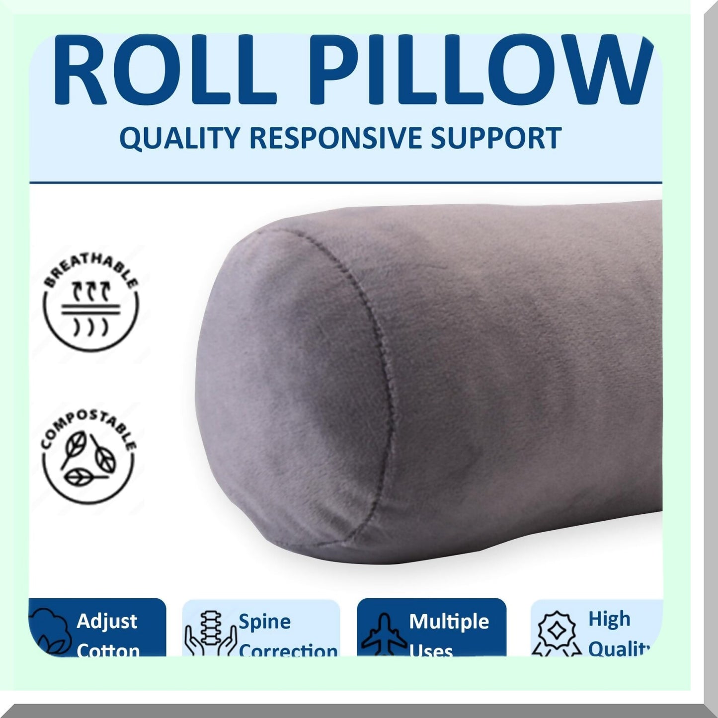 ComfortMax Cervical Support Pillow - Large Round Bolster for Neck, Back, Legs & Yoga - Grey Resilient Neck Roll for Comfortable Sleep