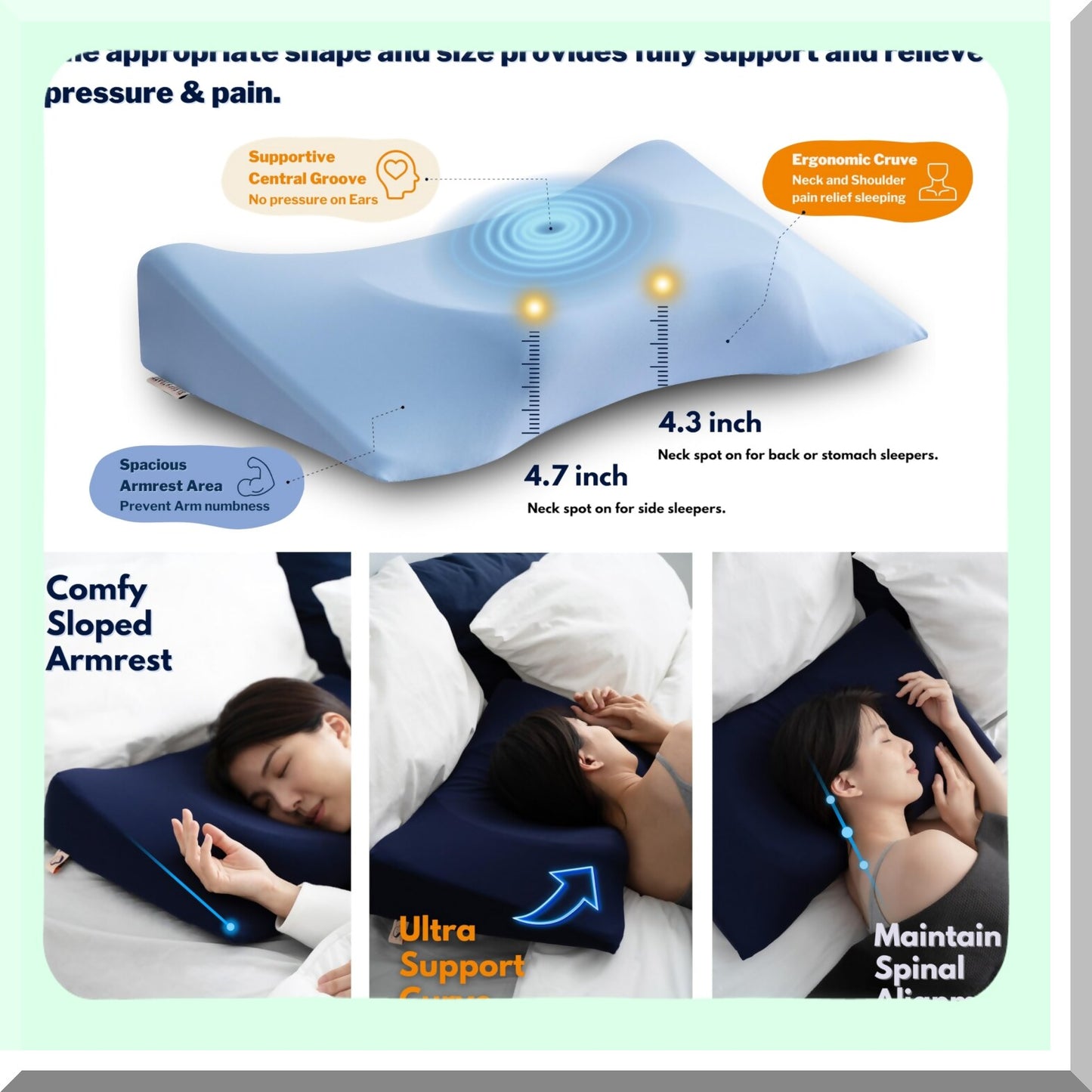 CoolSleep Memory Foam Shoulder Relief Pillow - Cervical Neck Support with Armrest Area for Side Sleepers. Cooling Blue Pillow Cases for Neck Pain Relief.