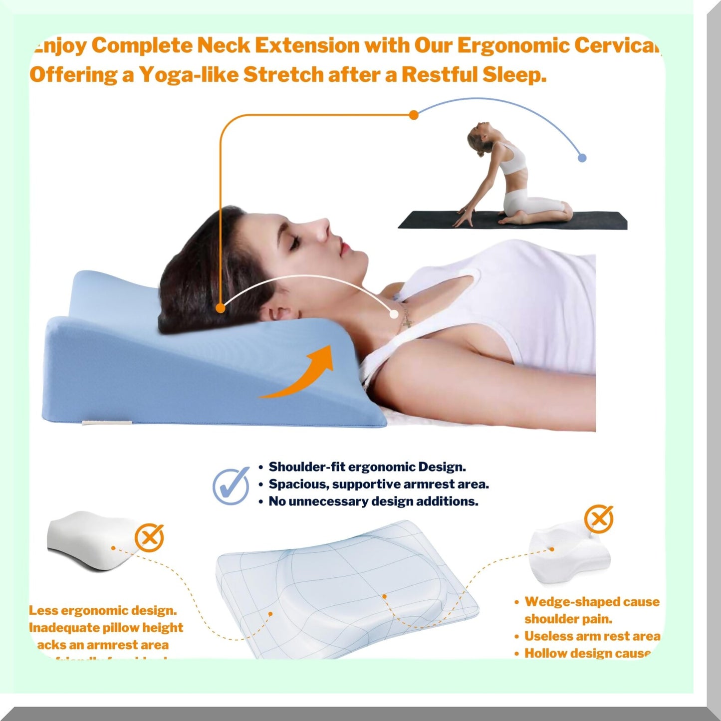 CoolSleep Memory Foam Shoulder Relief Pillow - Cervical Neck Support with Armrest Area for Side Sleepers. Cooling Blue Pillow Cases for Neck Pain Relief.