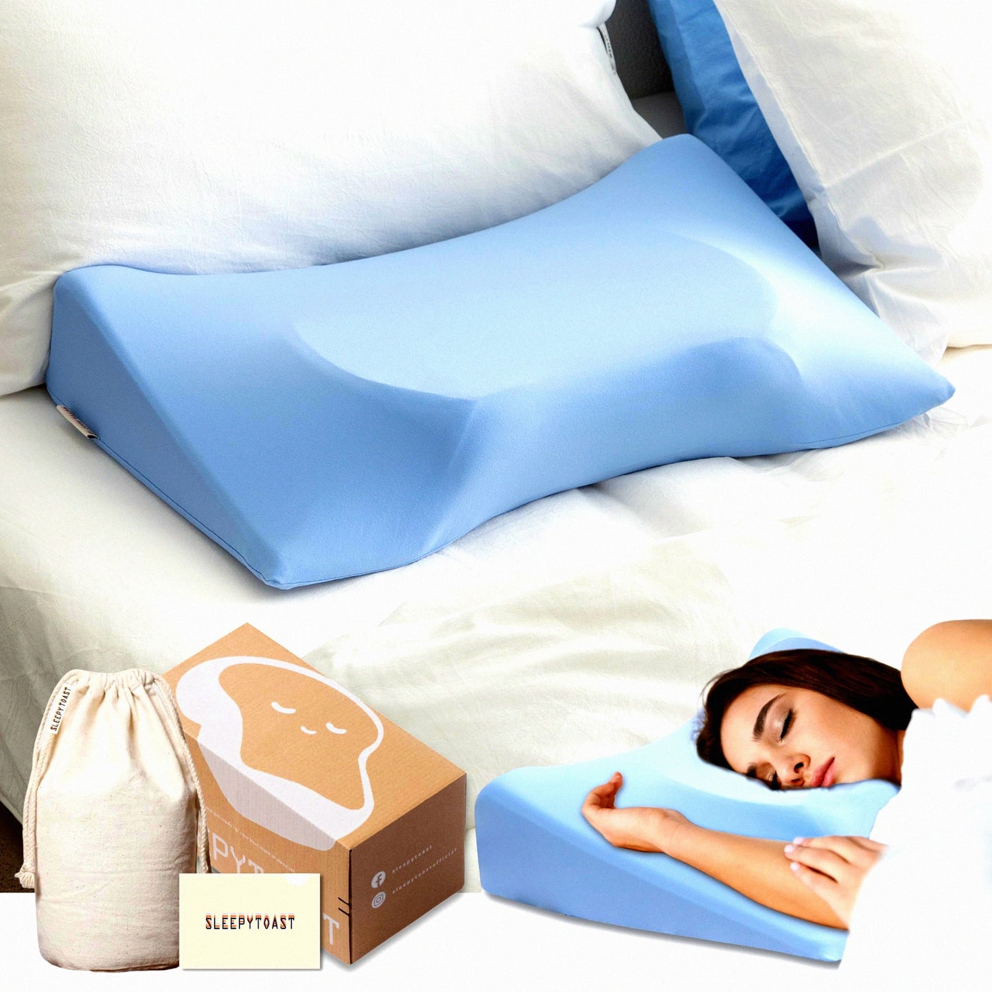 CoolSleep Memory Foam Shoulder Relief Pillow - Cervical Neck Support with Armrest Area for Side Sleepers. Cooling Blue Pillow Cases for Neck Pain Relief.