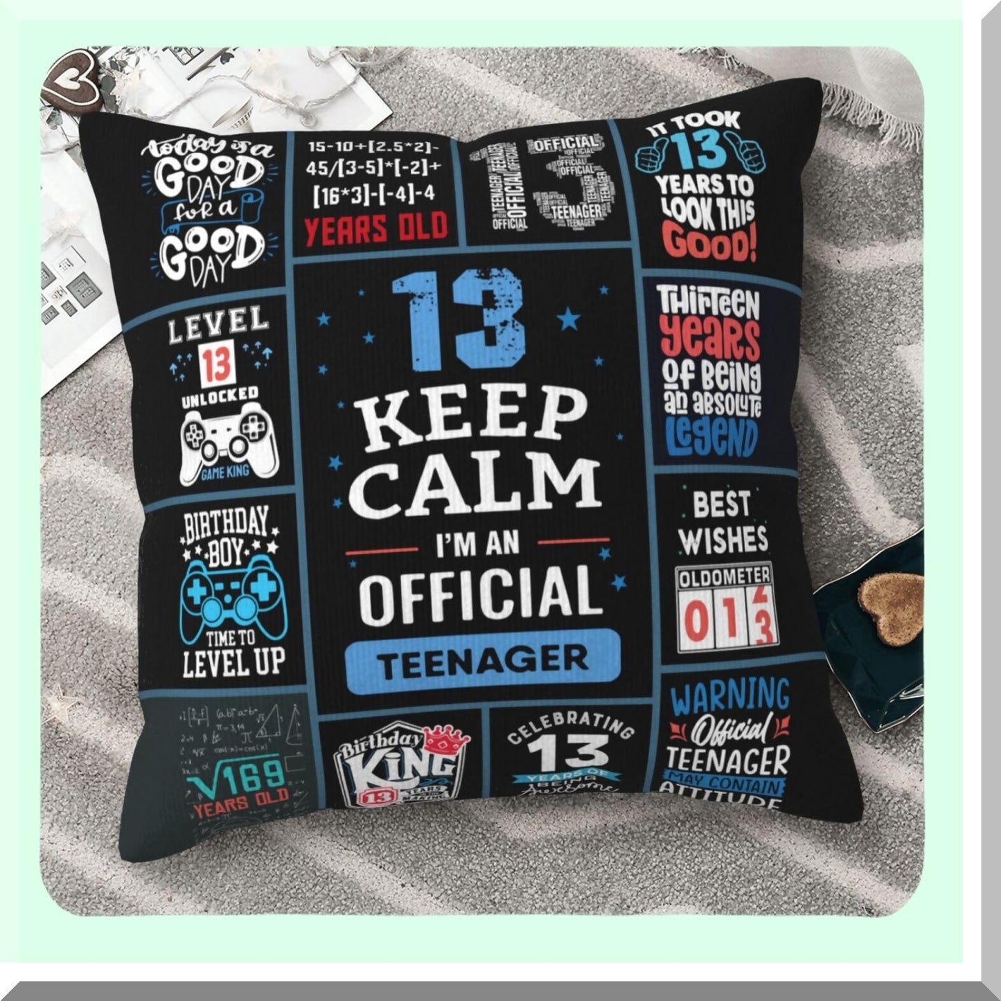 Teenage Thrills 13th Birthday Bundle - Coolest Gifts for Boys, Gift Ideas, Decorations & Throw Pillow Covers 18x18 Inch - Perfect for 13 Year Old Boy