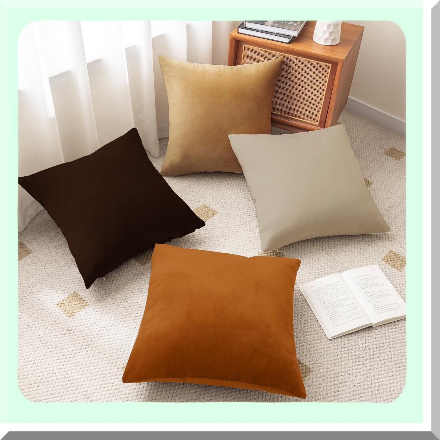 VelvetSoft Square Pillow Covers - Set of 4 Soft Solid Color Throw Cushion Cases for Couch Sofa Bedroom Living Room - 18x18 Beige/Brown - No Inserts