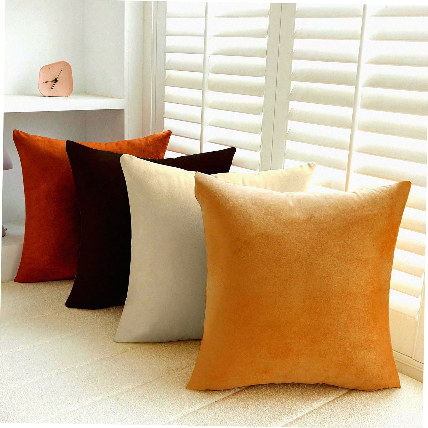 VelvetSoft Square Pillow Covers - Set of 4 Soft Solid Color Throw Cushion Cases for Couch Sofa Bedroom Living Room - 18x18 Beige/Brown - No Inserts