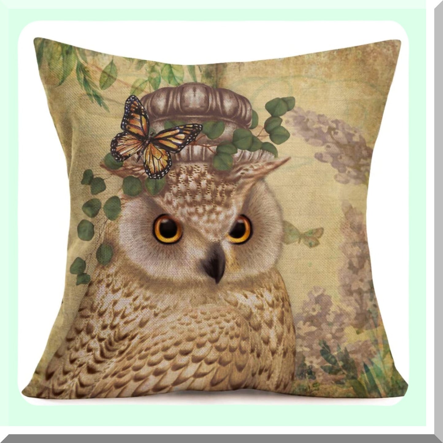 Forest Owl Botanical Pillow Cover - Vintage Green Leaves Hydrangea Butterfly Cotton Linen Cushion Case for Home Sofa Decor - 20"X20"