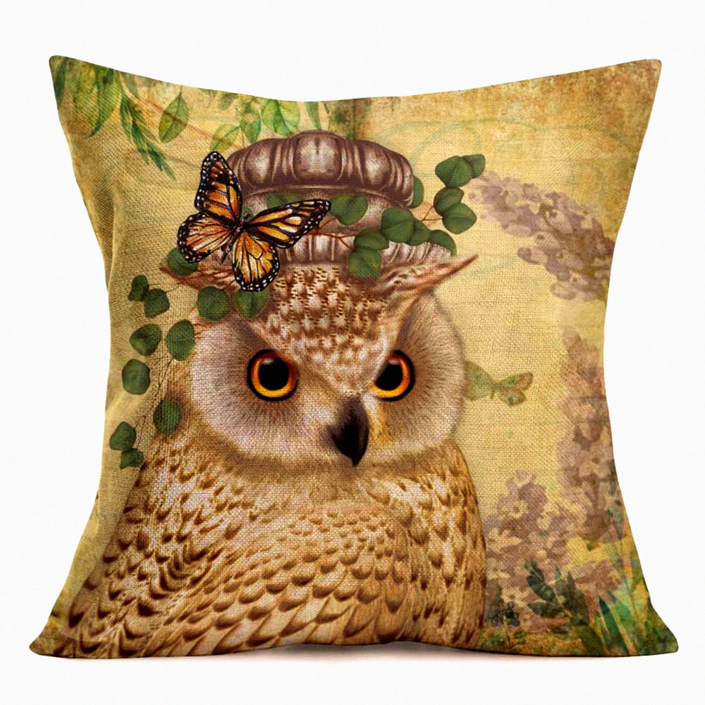 Forest Owl Botanical Pillow Cover - Vintage Green Leaves Hydrangea Butterfly Cotton Linen Cushion Case for Home Sofa Decor - 20"X20"