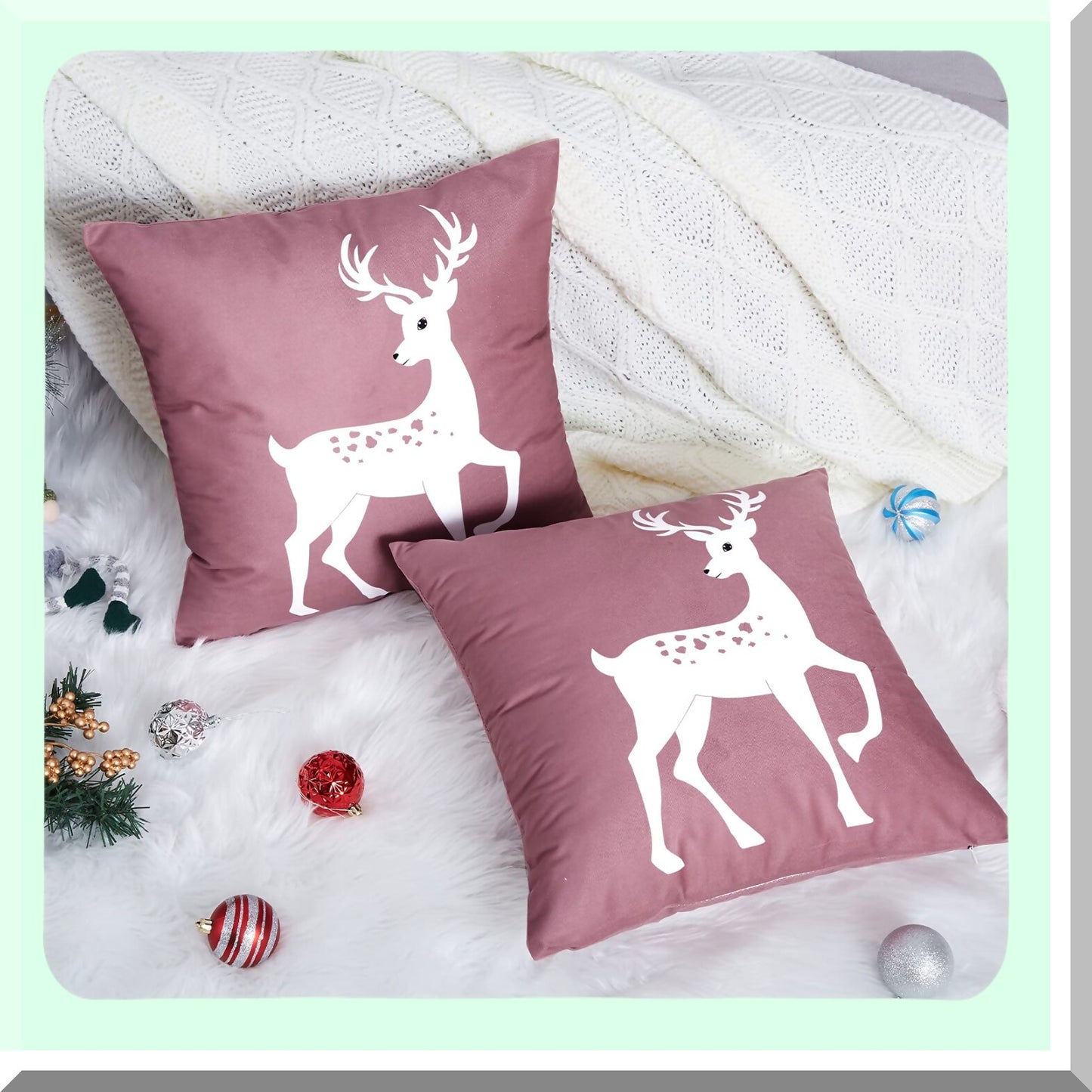 Winter Wonderland Deer Pillow Covers - Set of 2 Farmhouse Decorative Cushion Cases 20 x 20 Inch for Bedroom & Home Couch, Rustic Xmas Holiday Theme in Pink Color Palette