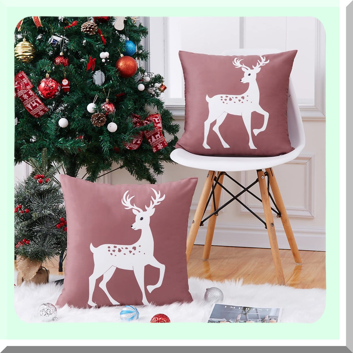 Winter Wonderland Deer Pillow Covers - Set of 2 Farmhouse Decorative Cushion Cases 20 x 20 Inch for Bedroom & Home Couch, Rustic Xmas Holiday Theme in Pink Color Palette