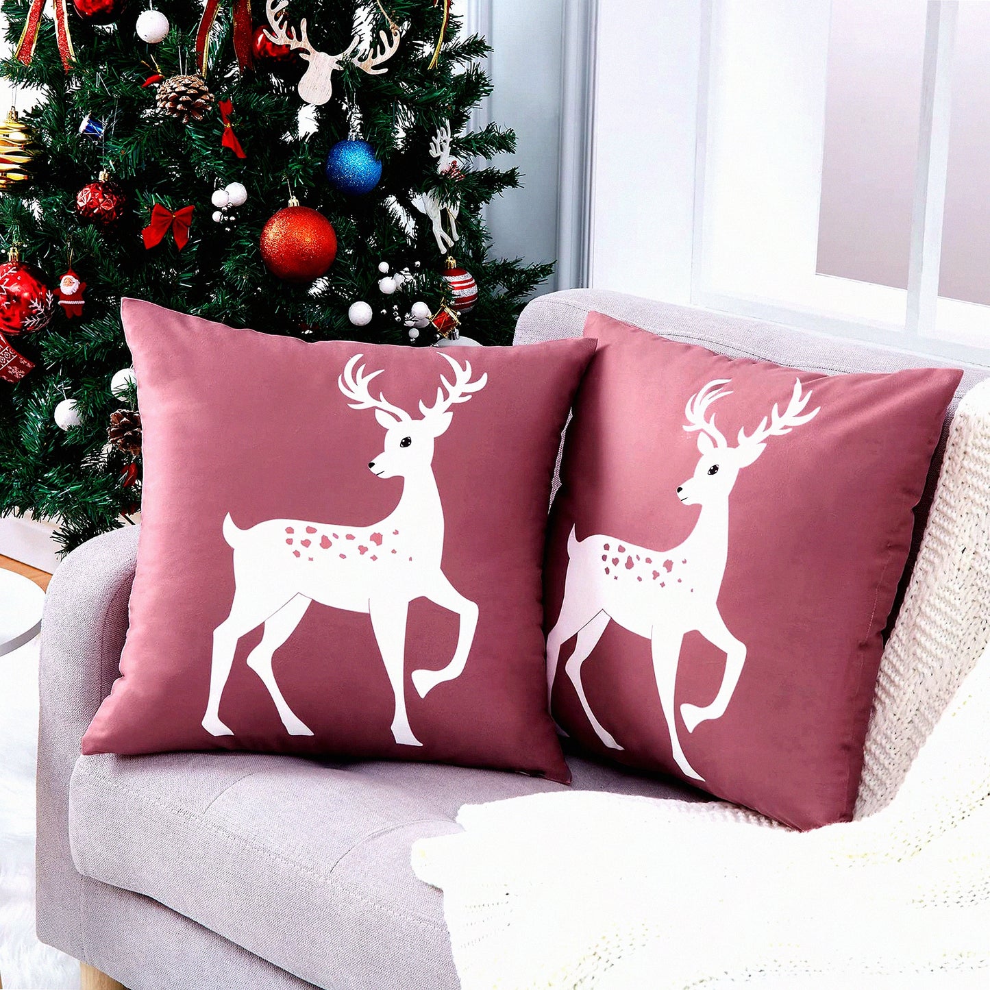 Winter Wonderland Deer Pillow Covers - Set of 2 Farmhouse Decorative Cushion Cases 20 x 20 Inch for Bedroom & Home Couch, Rustic Xmas Holiday Theme in Pink Color Palette