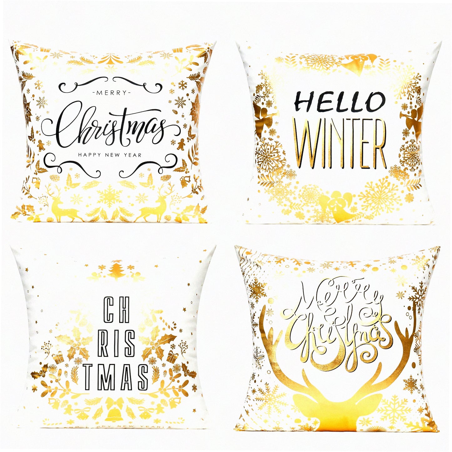 Winter Wonderland Velvet Pillow Cover Set - Reindeer Tree Snowflakes Decor - Holiday Home Ornaments - Xmas Indoor Decorations - White Gold 18X18 - Bed Sofa Couch Cushion Case - Navidad Dcor