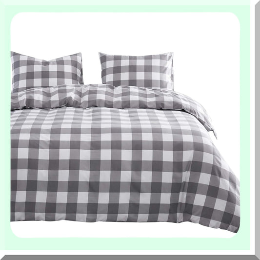 Gray Checkered Dream Comforter Set - Soft Microfiber Bedding 3pcs, California King Size - Plaid Gingham Geometric Pattern in Grey White