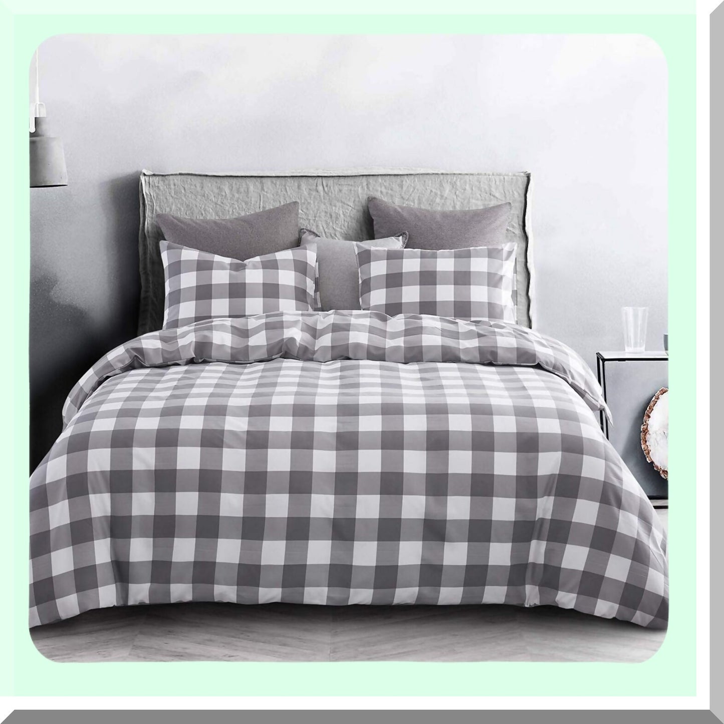 Gray Checkered Dream Comforter Set - Soft Microfiber Bedding 3pcs, California King Size - Plaid Gingham Geometric Pattern in Grey White