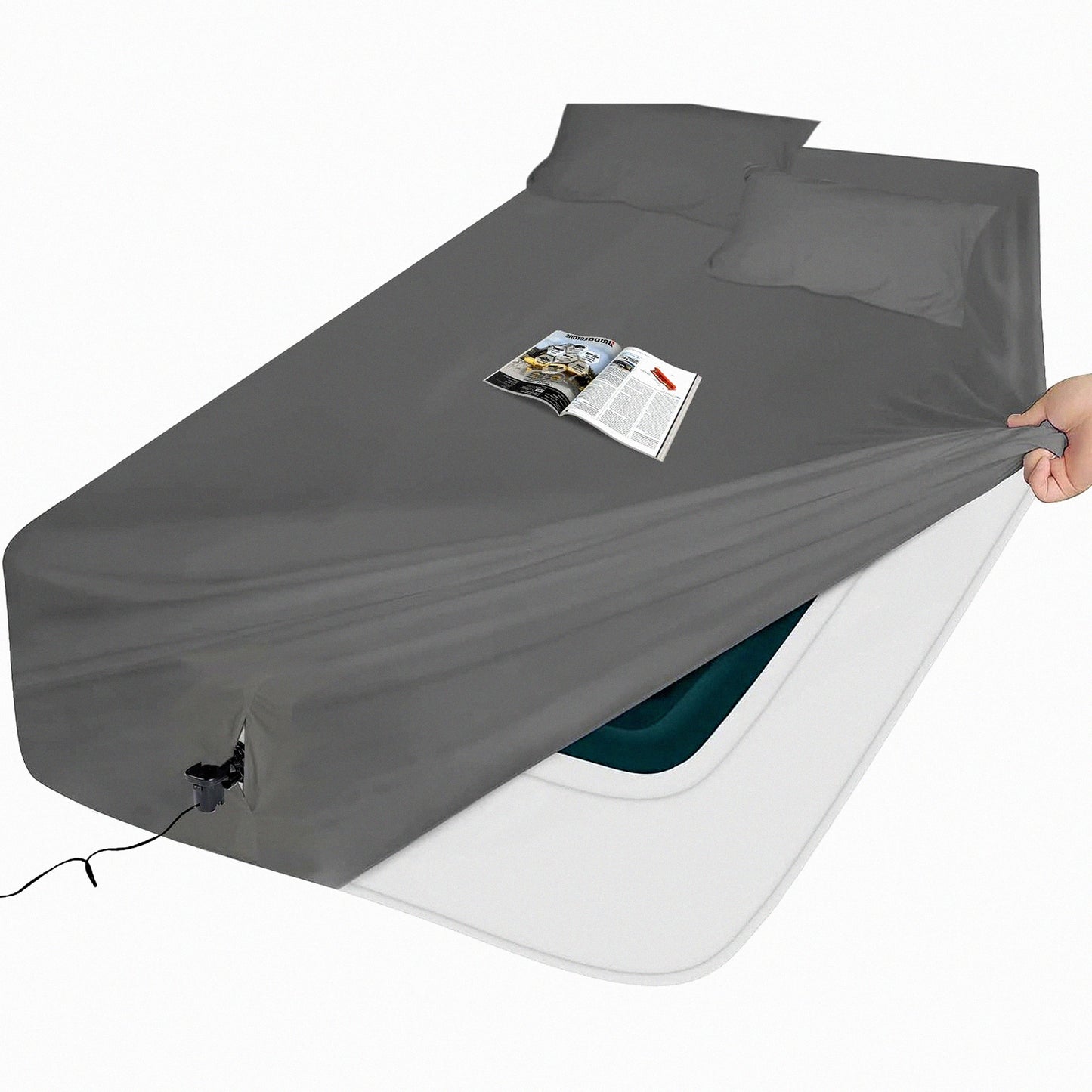 AirLux Queen Sheet Set - 3 Piece Gray Air Mattress Sheets (16-24 inch) - Easy Inflate & Firm - U.S. Standard Size - Convenient Assembly