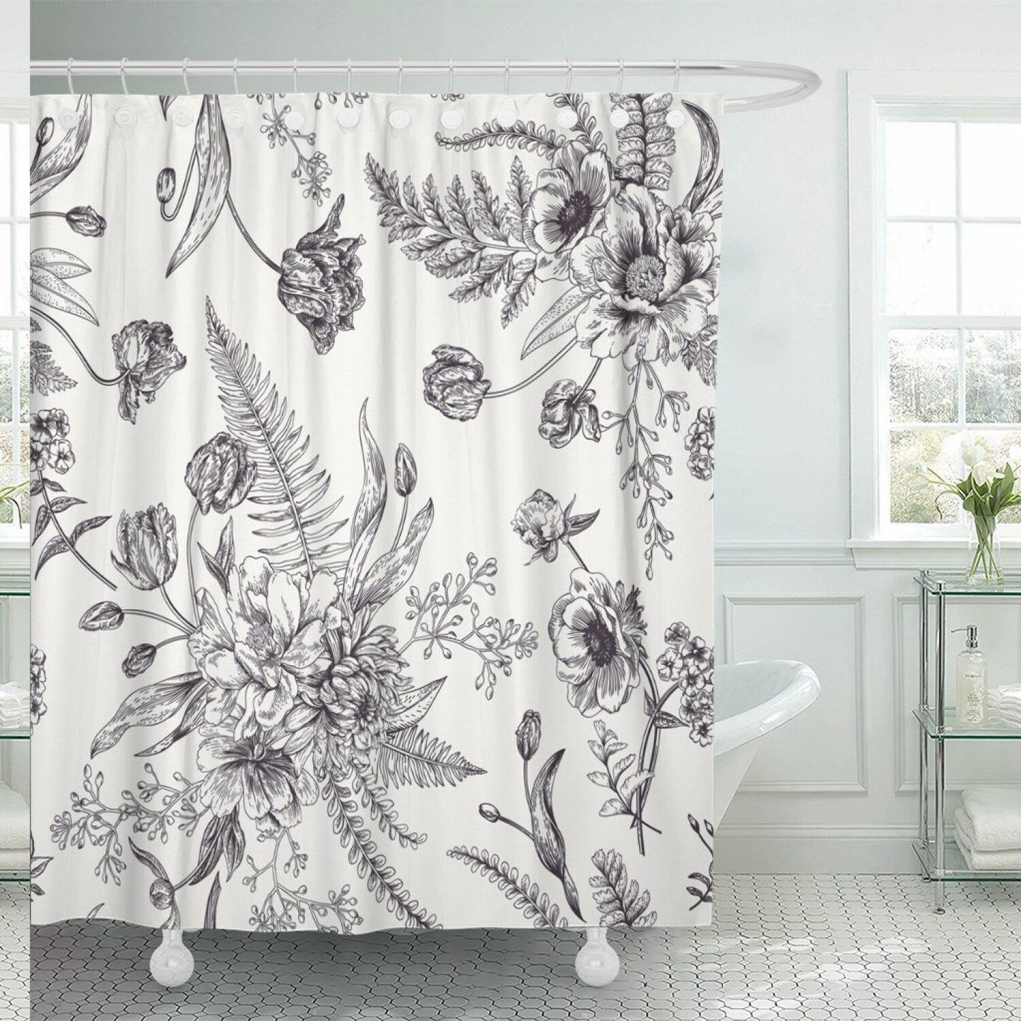 Shower Curtain Floral Pattern Black & White 72x72 Inches