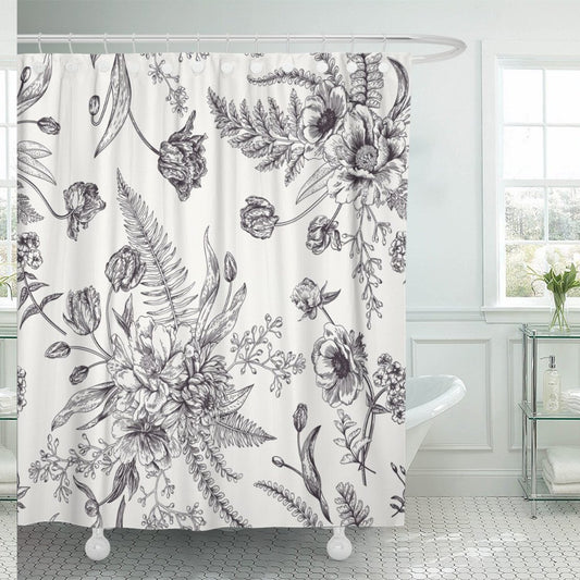 Shower Curtain Floral Pattern Black & White 72x72 Inches
