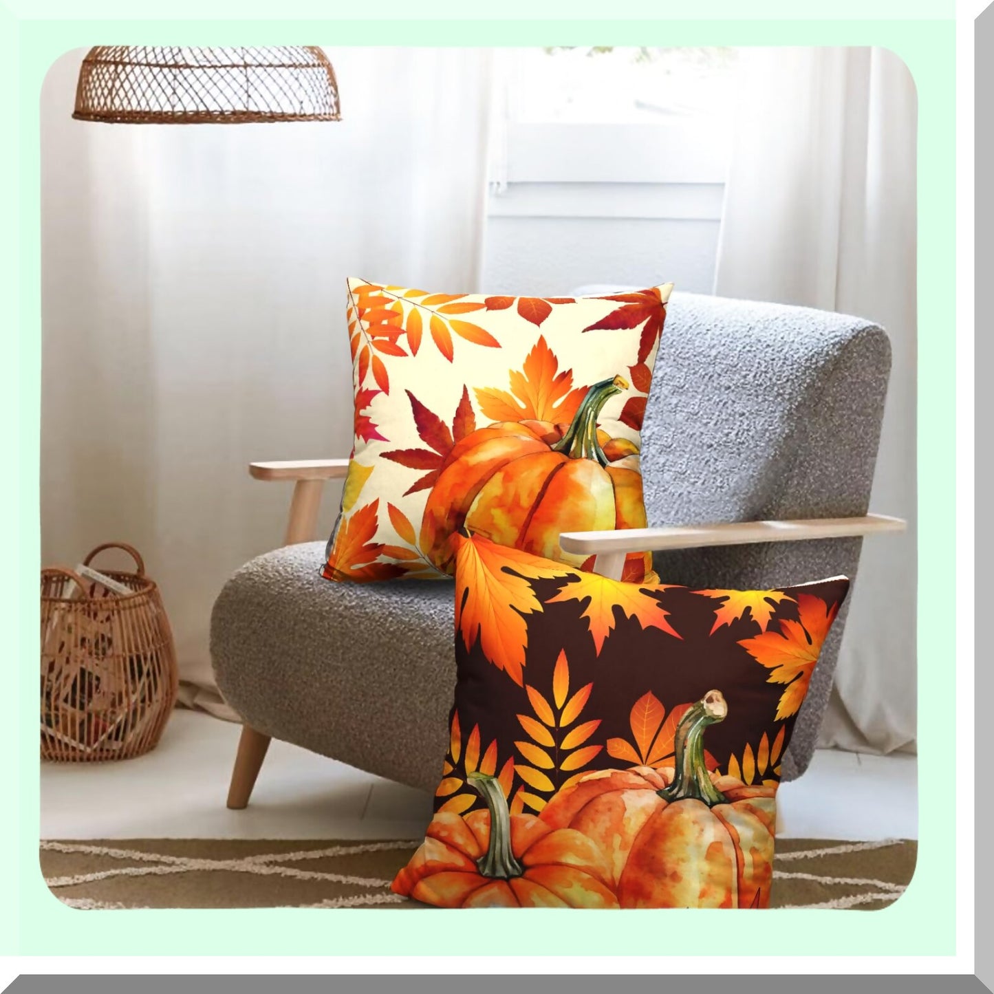 Autumn Harvest Pillow Covers 18x18 Set of 2 - Orange Maple Leaf Pumpkin Throw Pillow Covers - Happy Fall Thanksgiving Decorative Cushion Case for Home Sofa
