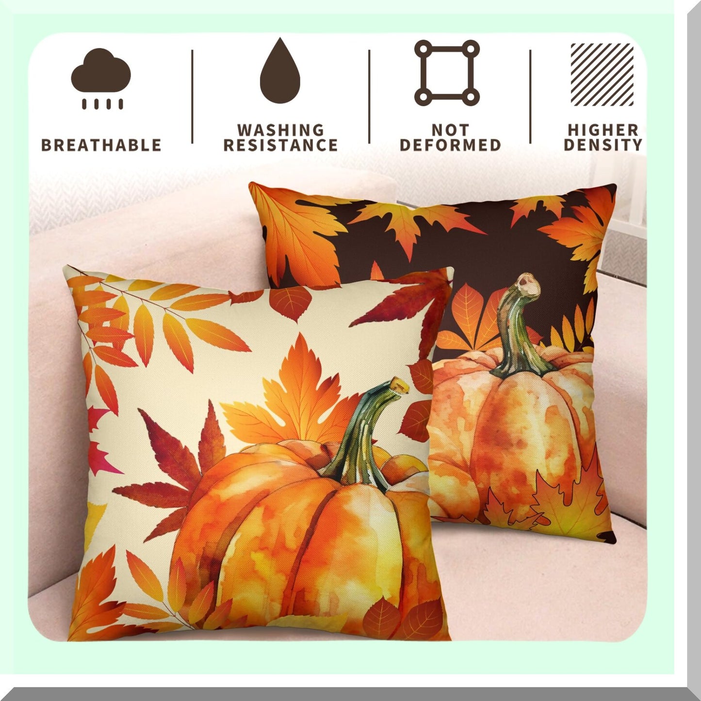 Autumn Harvest Pillow Covers 18x18 Set of 2 - Orange Maple Leaf Pumpkin Throw Pillow Covers - Happy Fall Thanksgiving Decorative Cushion Case for Home Sofa